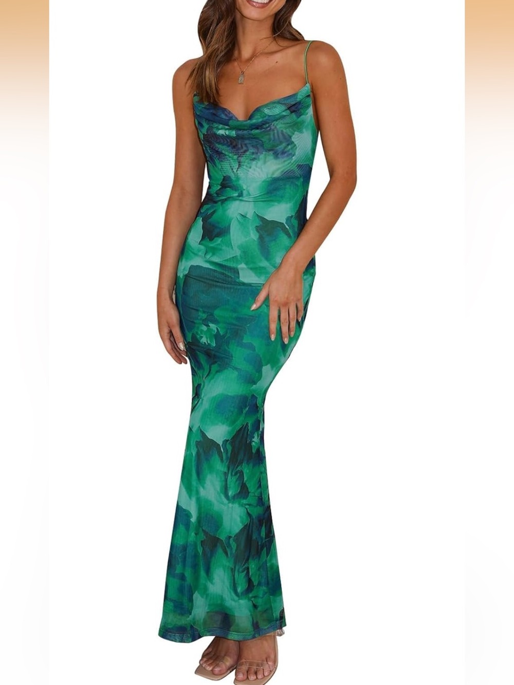 Green Floral Cowl Neck Maxi Dress